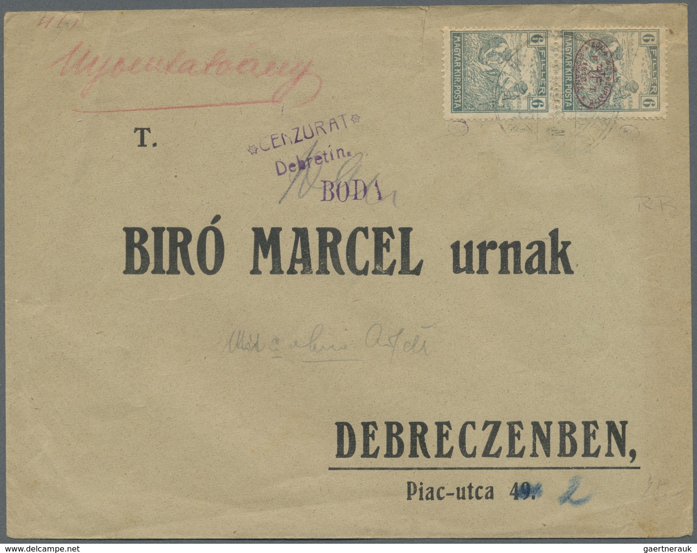 Br Ungarn: 1919, 2x 6 Filler Greenish Blue, Pair With And Without Overprint Of The Occupation Zone Debr - Brieven En Documenten