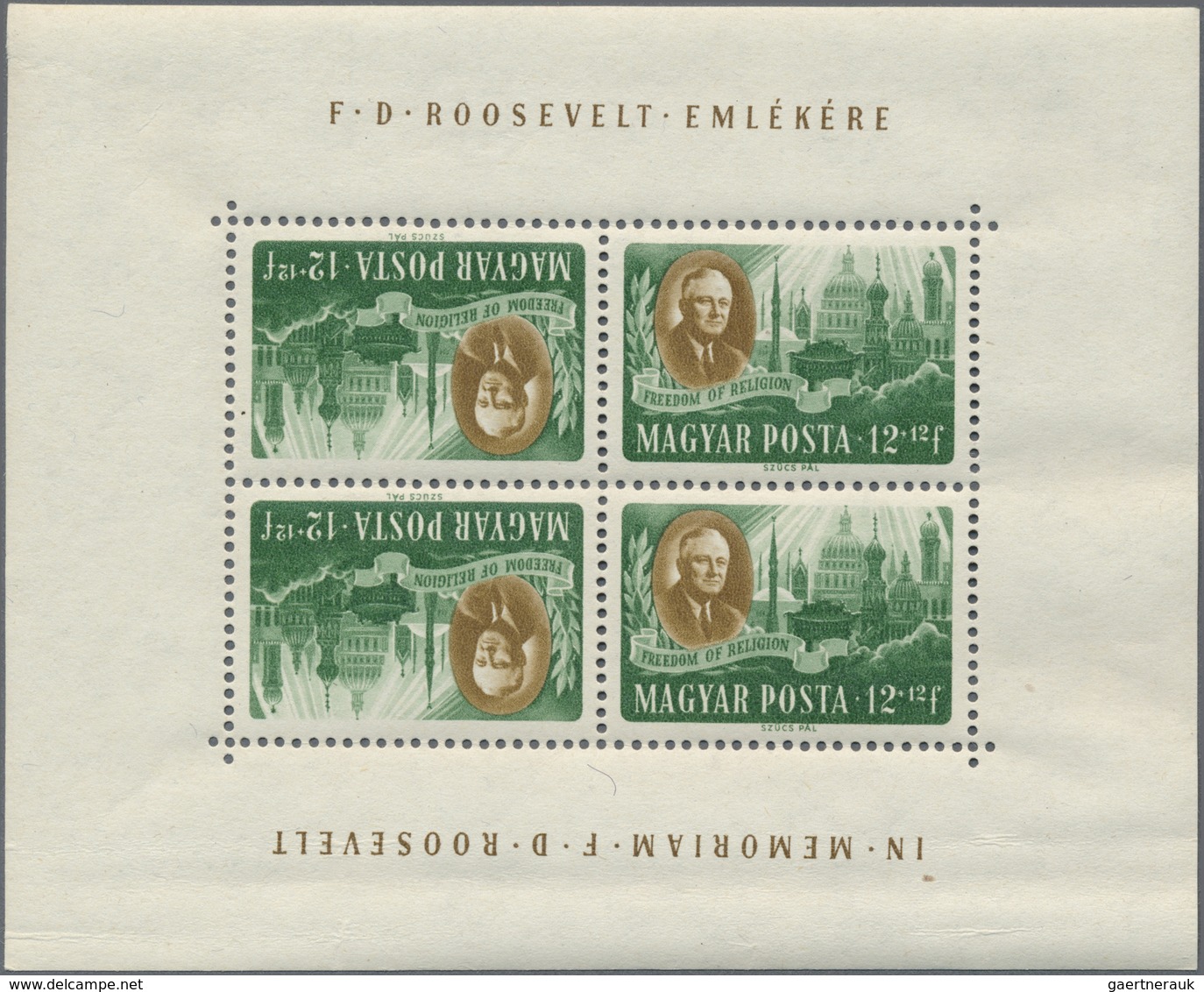 ** Ungarn: "In Memoriam F.D. Roosevelt", Set Of 8 Mini Sheets Tete-Beches. - Brieven En Documenten