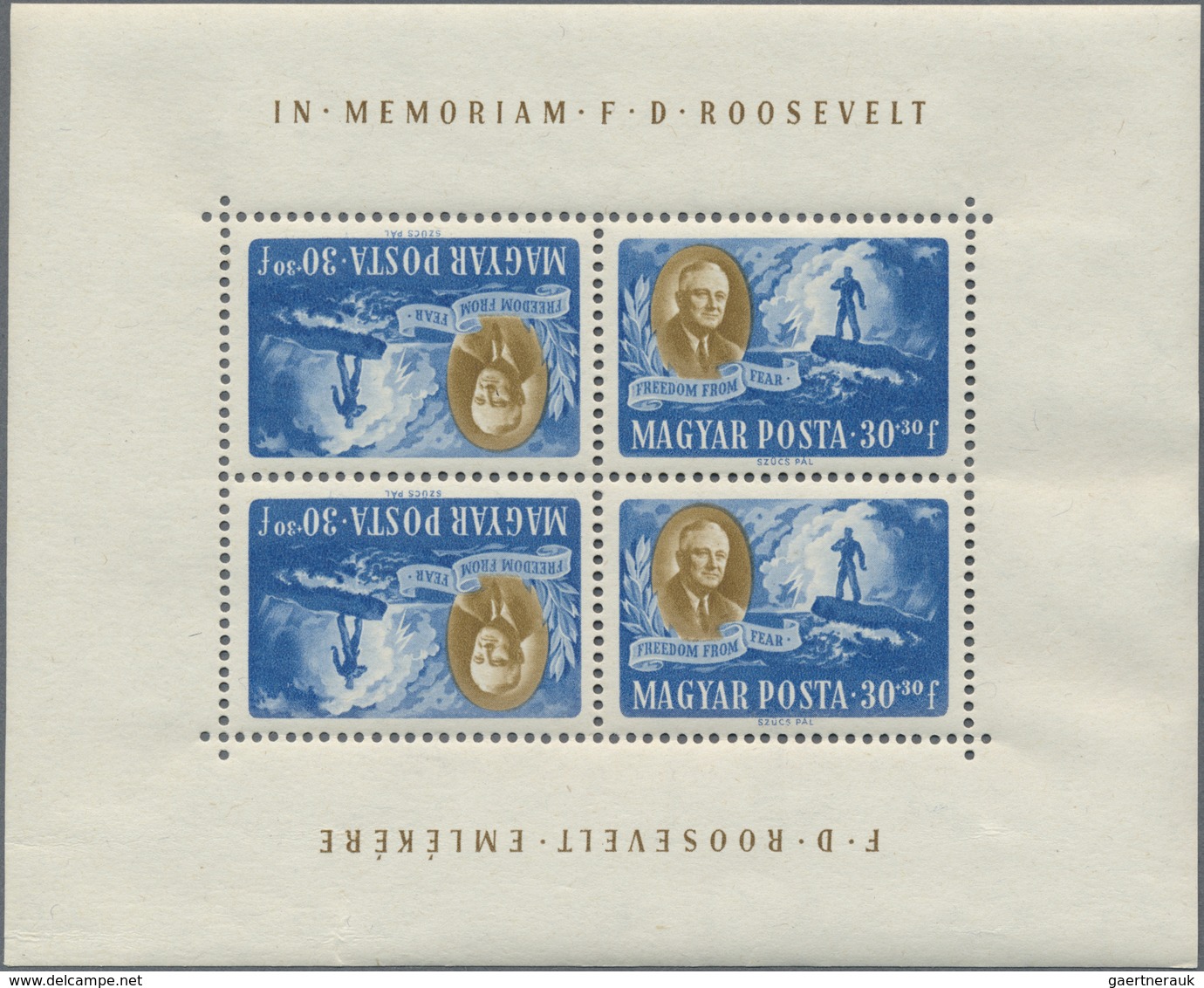 ** Ungarn: "In Memoriam F.D. Roosevelt", set of 8 mini sheets Tete-Beches.