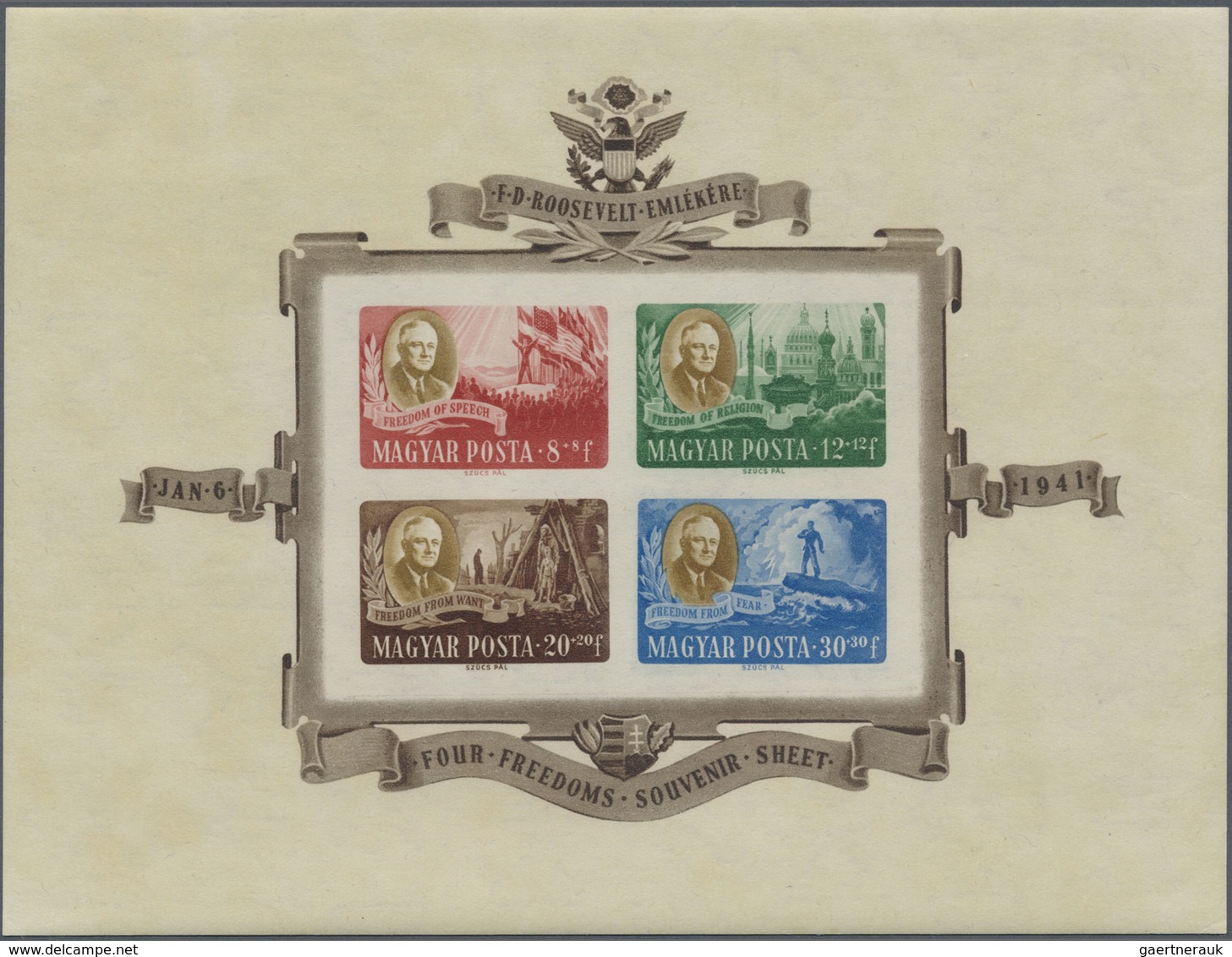 ** Ungarn: 1947, President Roosevelt, 4 Mint Never Hinged Block Issues, As Well Two UNPERFORATED. - Lettres & Documents