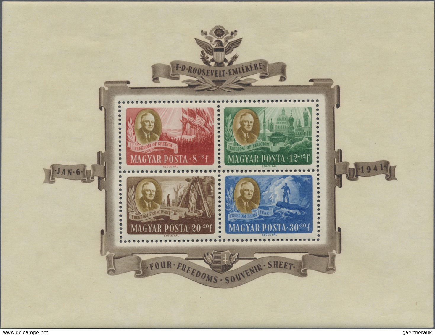 ** Ungarn: 1947, President Roosevelt, 4 Mint Never Hinged Block Issues, As Well Two UNPERFORATED. - Lettres & Documents