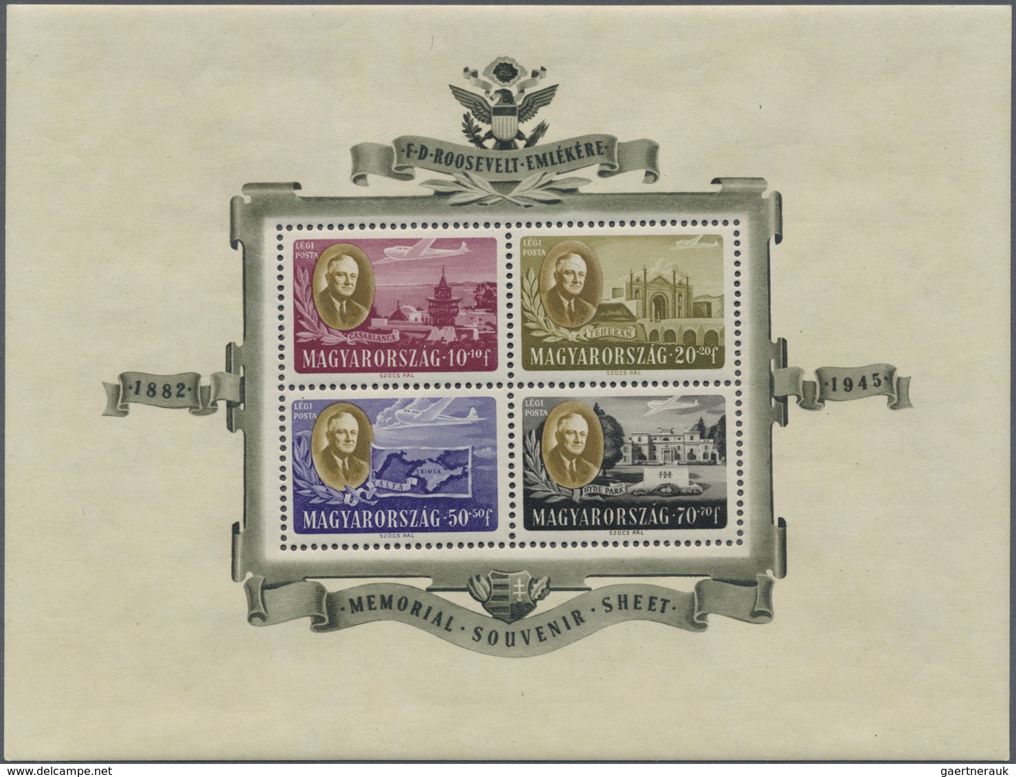 ** Ungarn: 1947, President Roosevelt, 4 mint never hinged block issues, as well two UNPERFORATED.