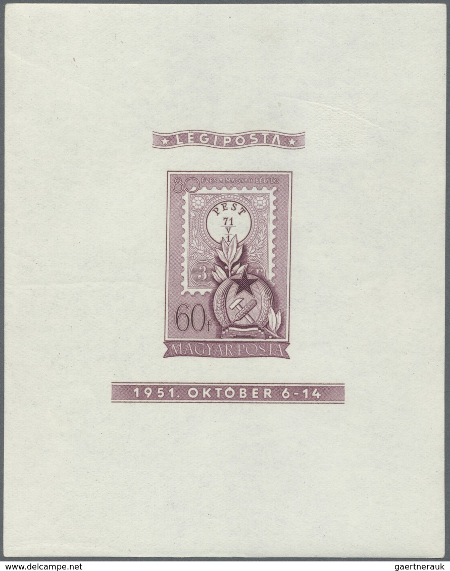 ** Ungarn: 1951, 80th Anniversary Of Hungarian Stamps, Souvenir Sheets In Lilac, Perf. And Imperf., Spe - Lettres & Documents