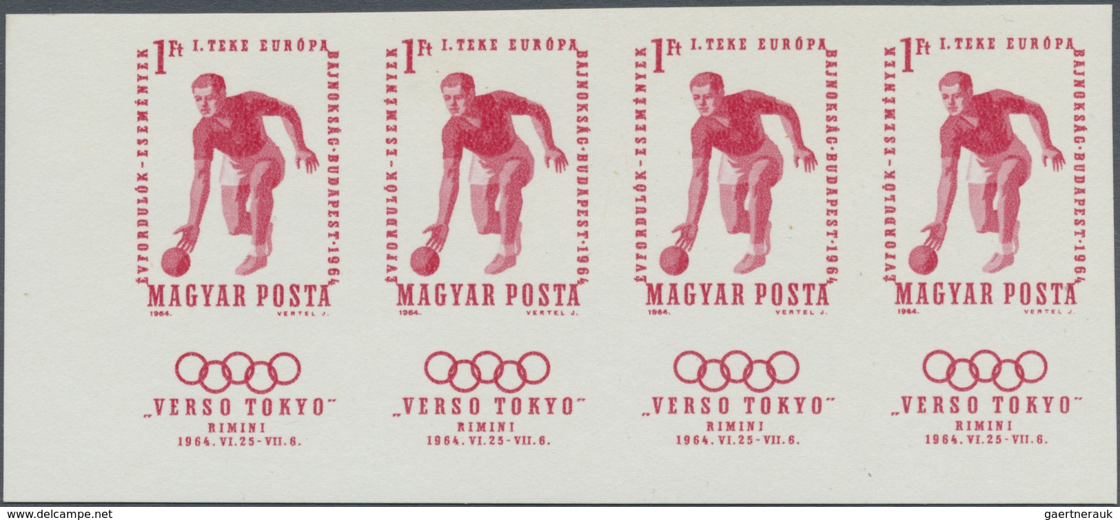 ** Ungarn: 1964, 1ft. Bowling Championship, IMPERFORATE, Bottom Marginal Horiz. Strip Of Four, Unmounte - Lettres & Documents