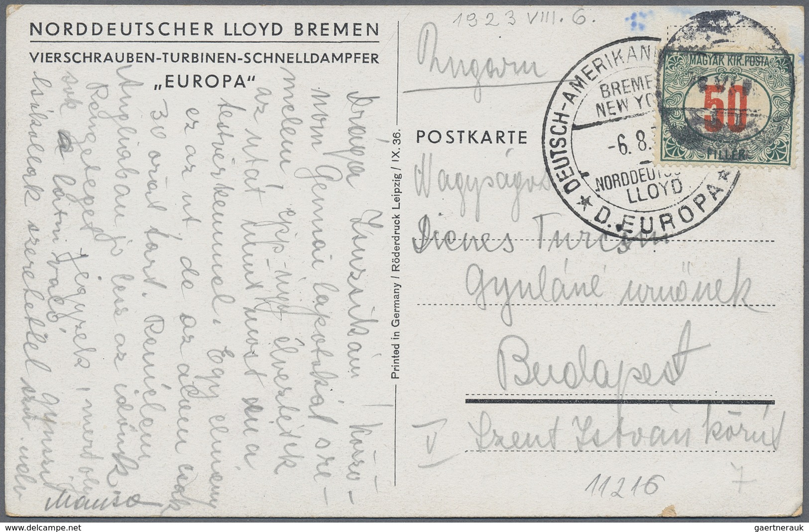 Ungarn - Portomarken: 1932, 50 F. Tied Unclear On Inbound Ppc To Budapest, NGL Steamer "Europa" Card - Strafport