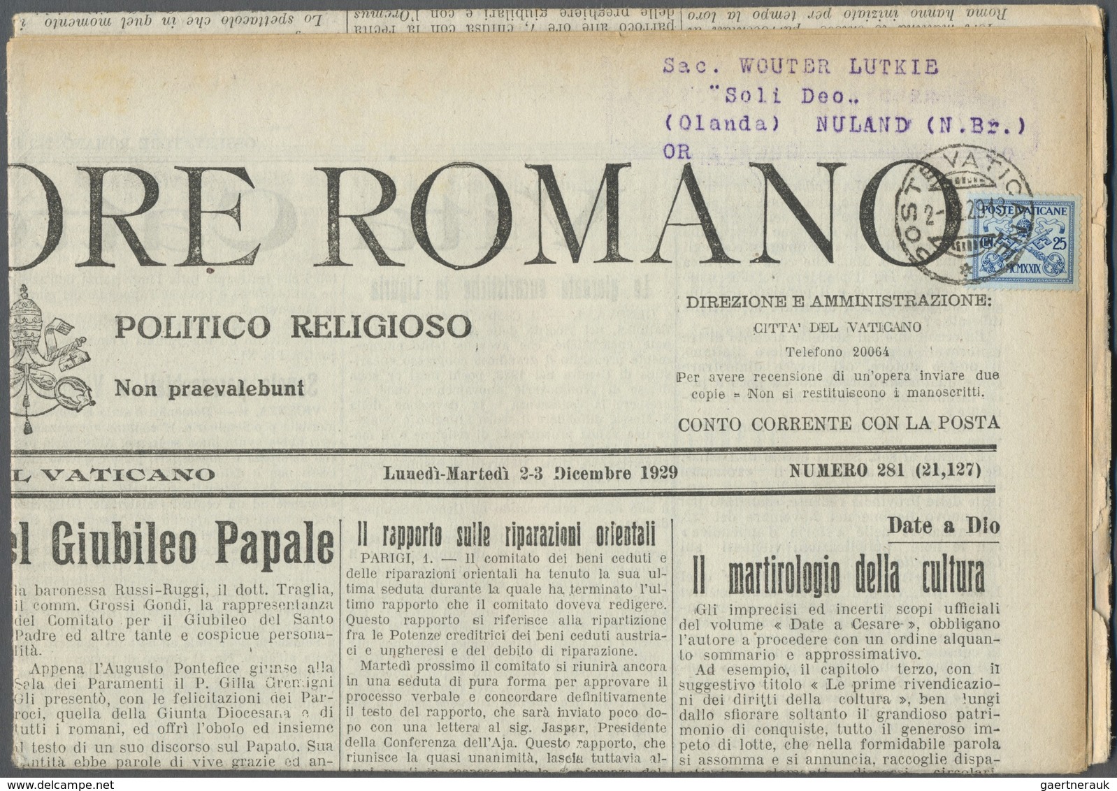 Br Vatikan: 1929, Newpaper "L 'OSSERVATORE ROMANO" Franked With 25 Cent. To Netherlands. - Lettres & Documents