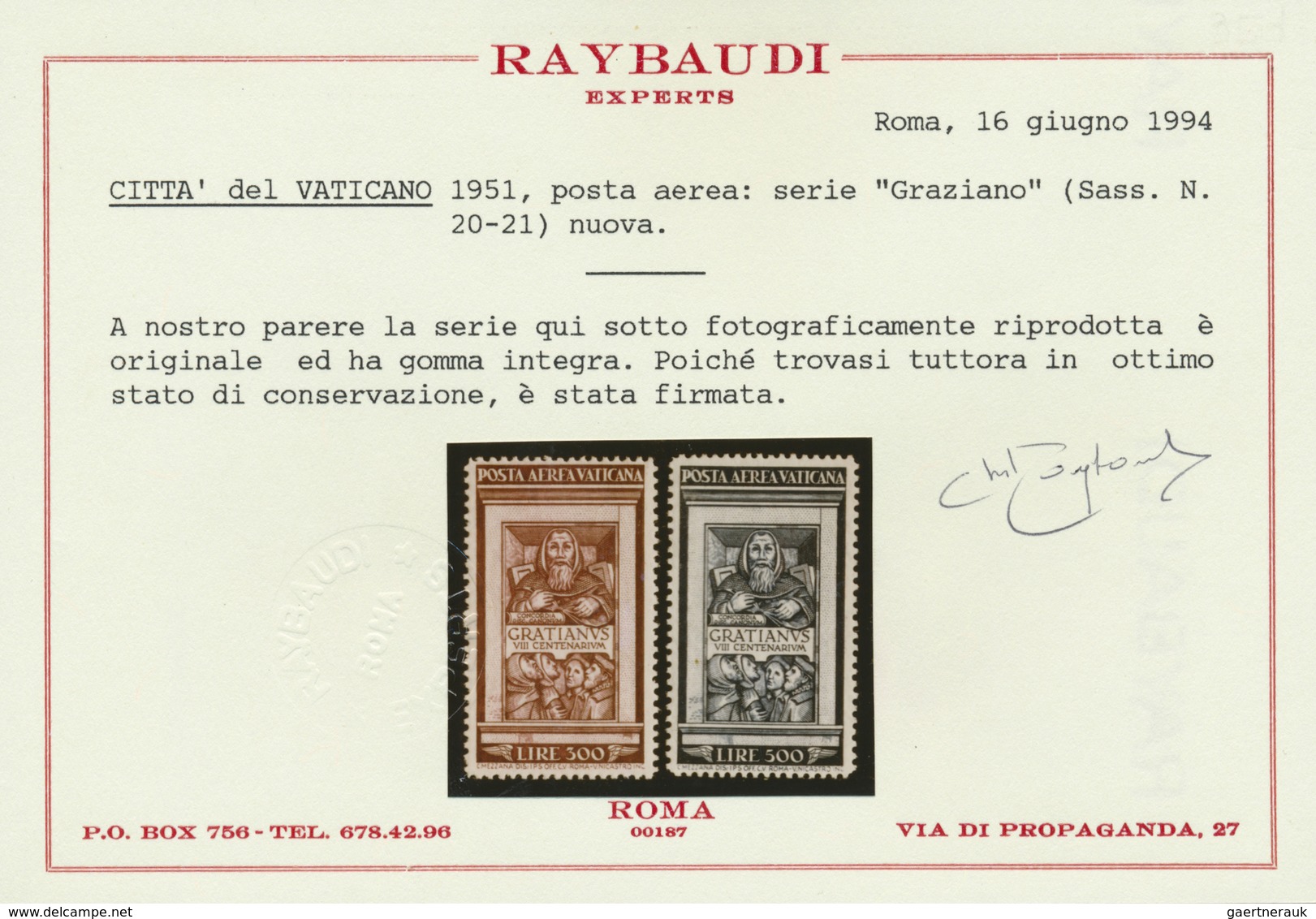 ** Vatikan: 1951, 800 Jahre Decretum Gratiani, 2 Werte Postfrisch, Signiert Und Attest Raybaudi - Covers & Documents