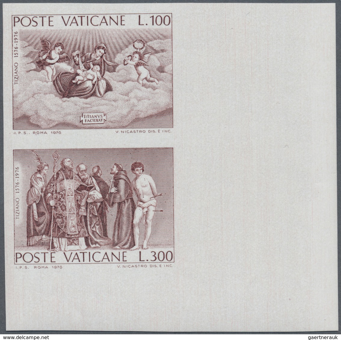 ** Vatikan: 1976, Tiziano Vecellio, Ungezähnte Probedrucke In Braunkarmin Im Senkrechten Paar, Auf Gumm - Lettres & Documents