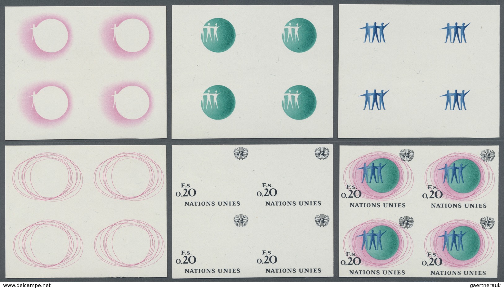 ** Vereinte Nationen - Genf: 1969. Ungezähner 4er-Block + Probedruck (5 Phasen) In 4er-Blocks Für Den 0 - Neufs