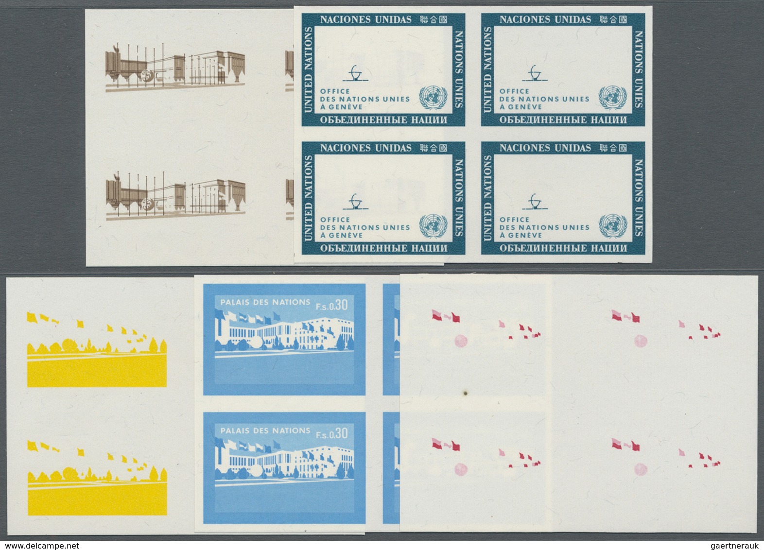 ** Vereinte Nationen - Genf: 1969. Progressive Proof (5 Phases) In Blocks Of 4 For The 30c Value Of The - Neufs