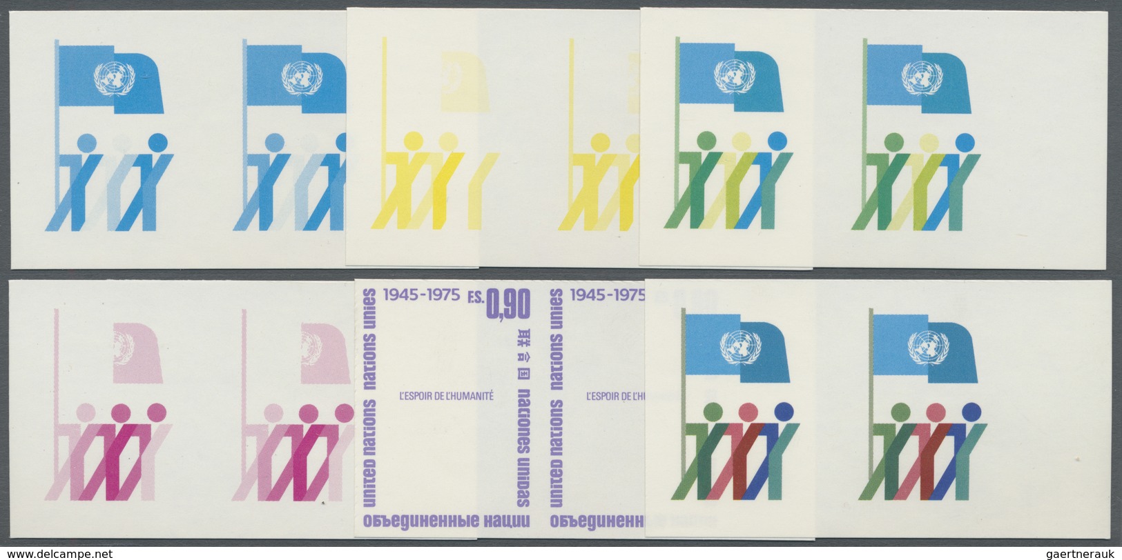 ** Vereinte Nationen - Genf: 1975. Progressive Proof (6 Phases) In Horizontal Pairs For The 90c Value O - Neufs