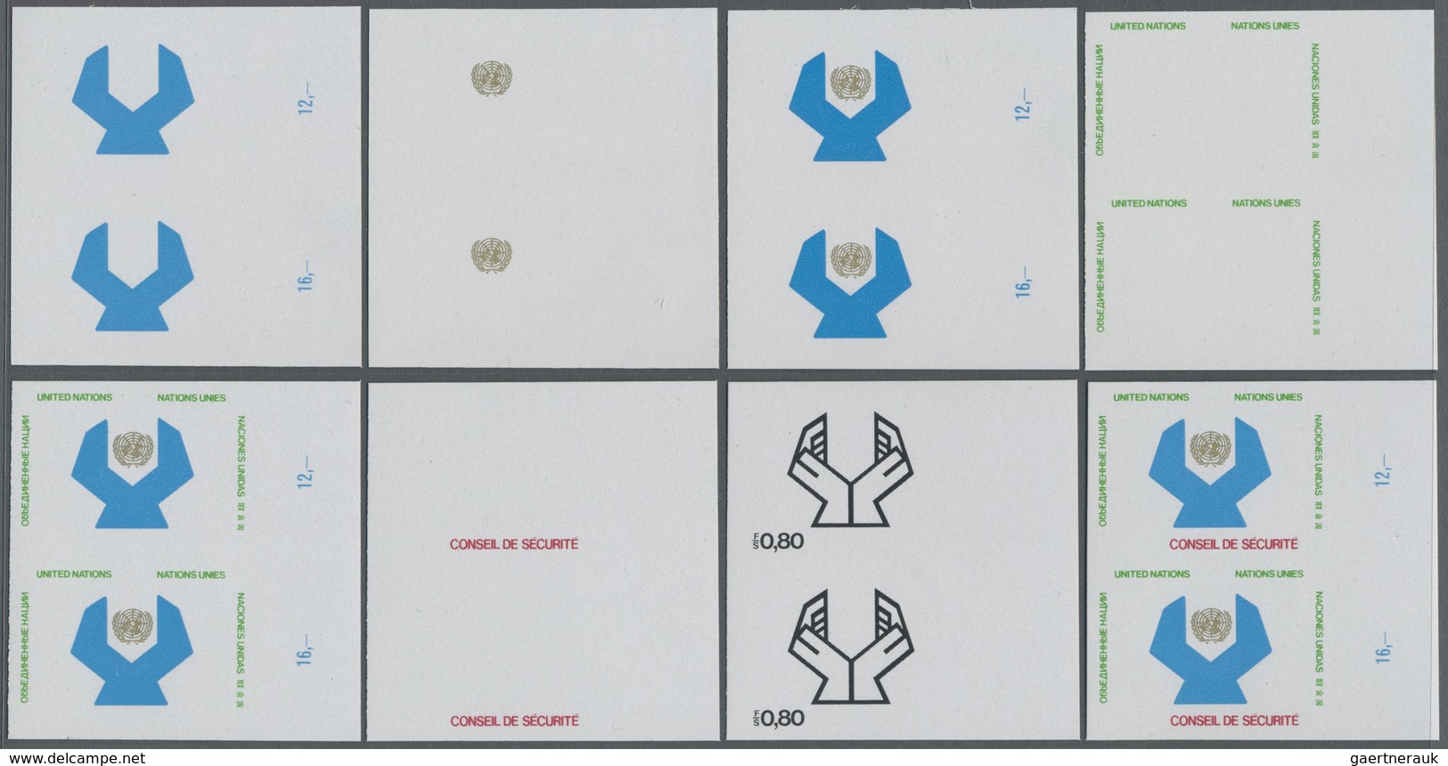 ** Vereinte Nationen - Genf: 1977. Progressive Proof (8 Phases) In Vertical Pairs For The 80c Value Of - Unused Stamps