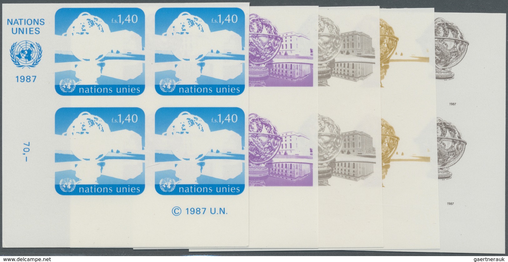 ** Vereinte Nationen - Genf: 1987. Progressive Proof (5 Phases) In Corner Blocks Of 4 For The 1.40fr Va - Unused Stamps