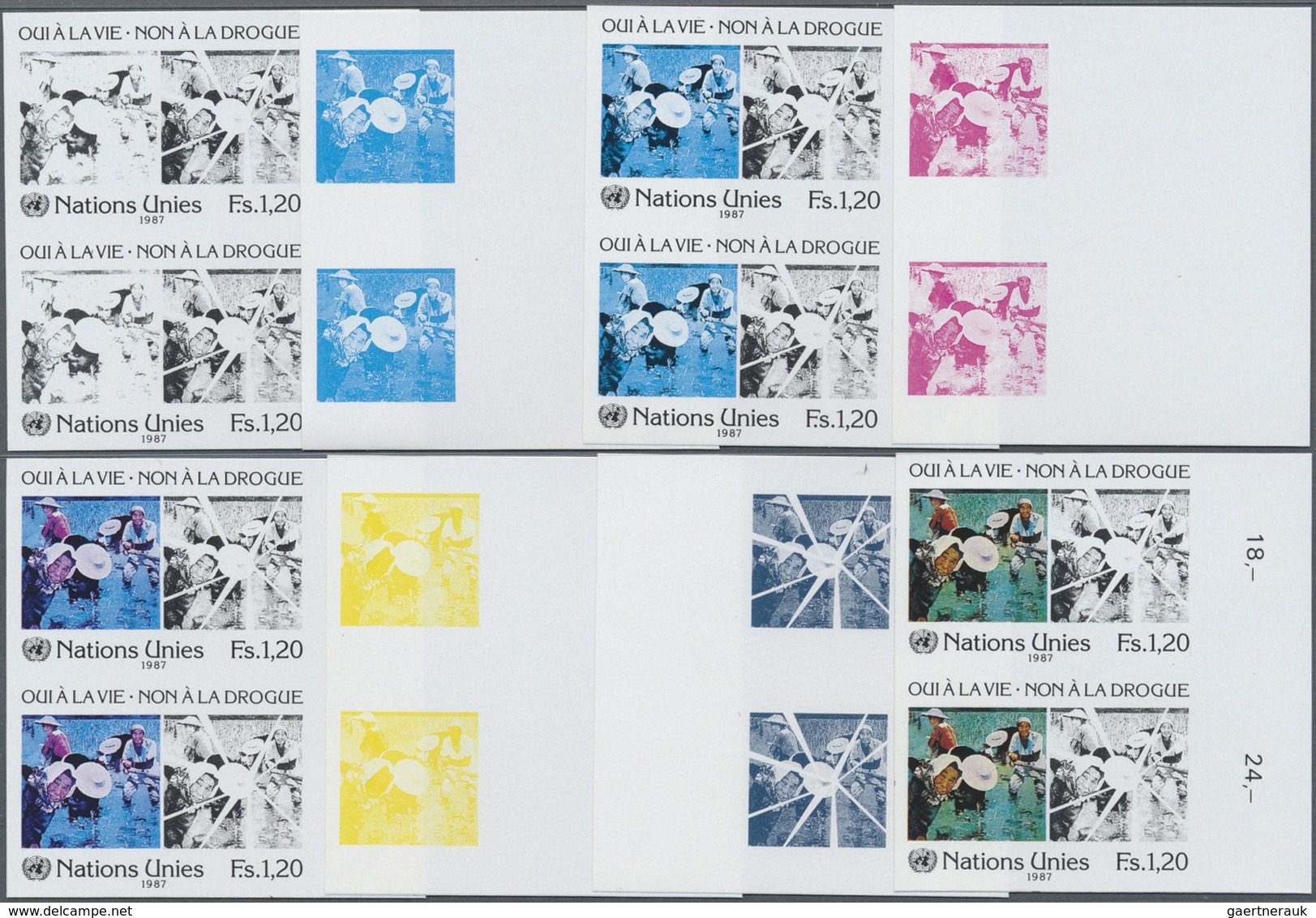 ** Vereinte Nationen - Genf: 1987. Progressive Proof (8 Phases) In Vertical Pairs For The 1.20fr Value - Unused Stamps