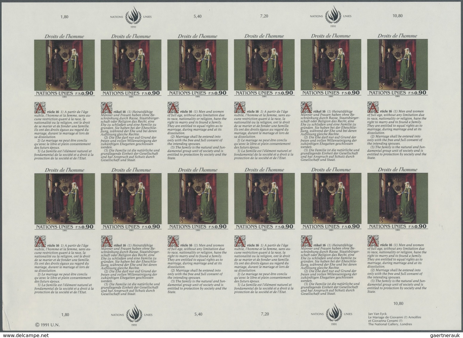 ** Vereinte Nationen - Genf: 1991. Imperforate Pane Of 12 + 12 Se-tenant Labels For The 90c Value Of Th - Unused Stamps