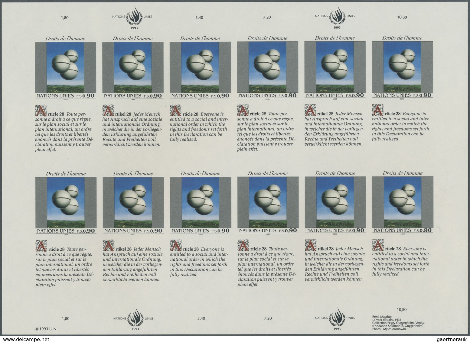 ** Vereinte Nationen - Genf: 1993. Imperforate Pane Of 12 + 12 Se-tenant Labels For The 90c Value Of Th - Unused Stamps