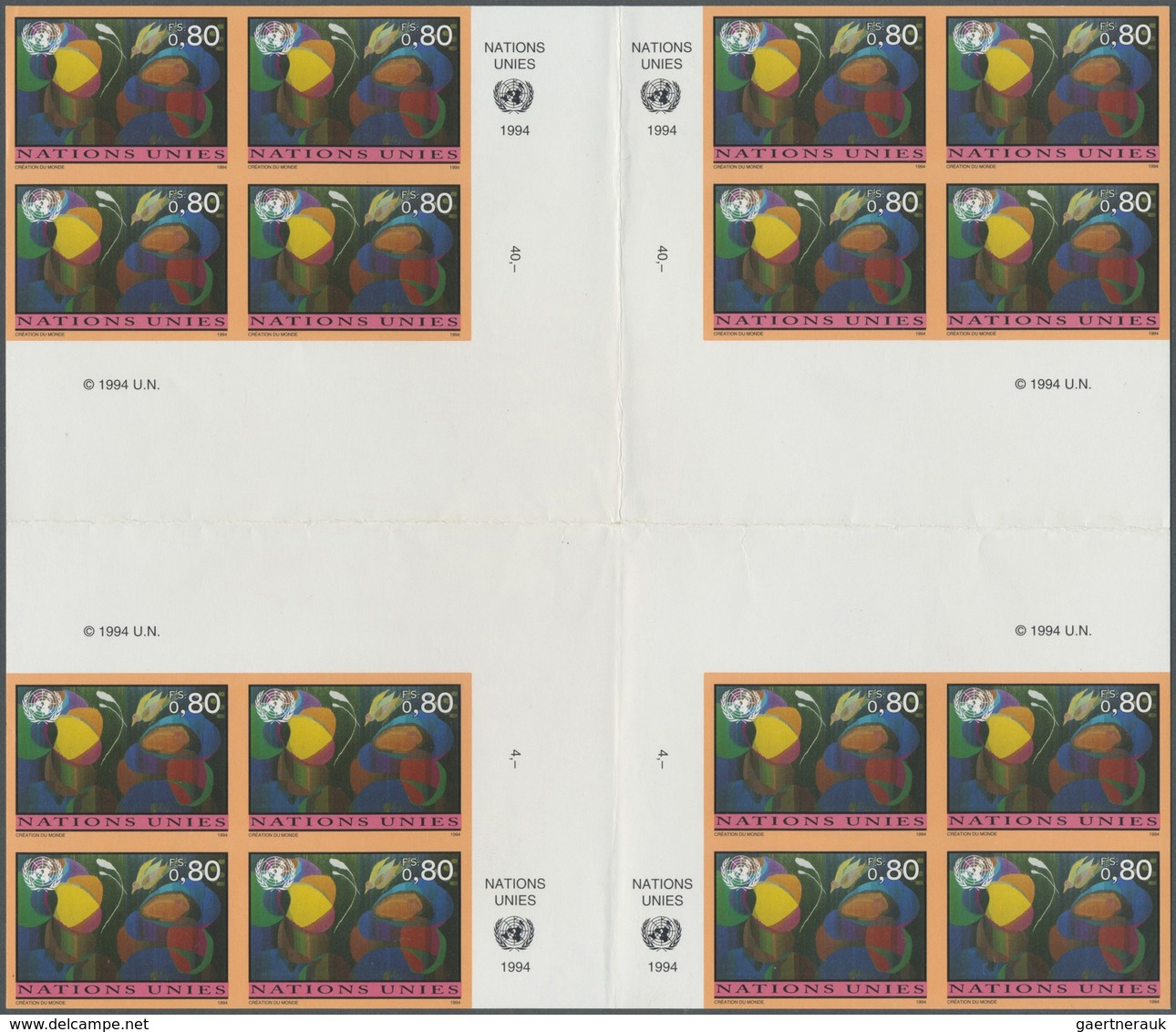 ** Vereinte Nationen - Genf: 1994. Imperforate Cross Gutter Block Of 4 Blocks Of 4 For The 80c Value Of - Neufs