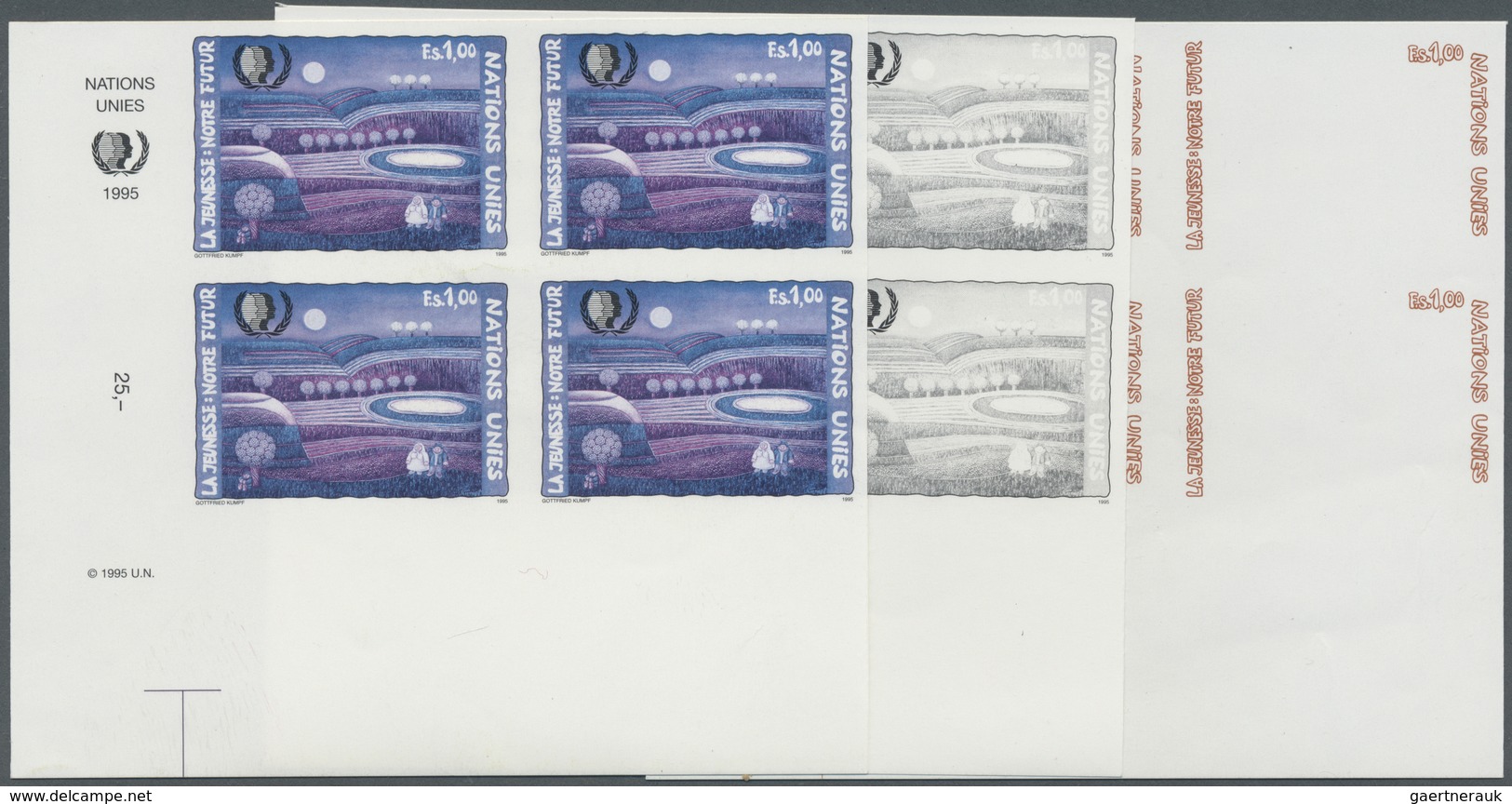 ** Vereinte Nationen - Genf: 1995. Progressive Proof (6 Phases) In Corner Blocks Of 4 For The 1.00fr Va - Unused Stamps