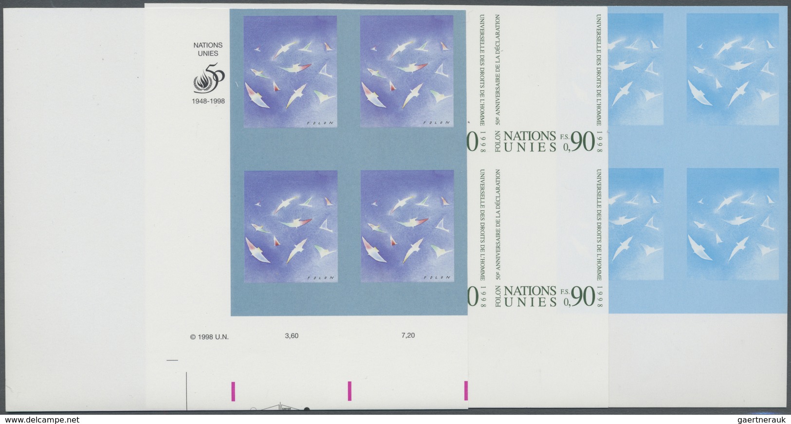 ** Vereinte Nationen - Genf: 1998. Progressive Proof (6 Phases) In Corner Blocks Of 4 For The 90c Value - Ongebruikt