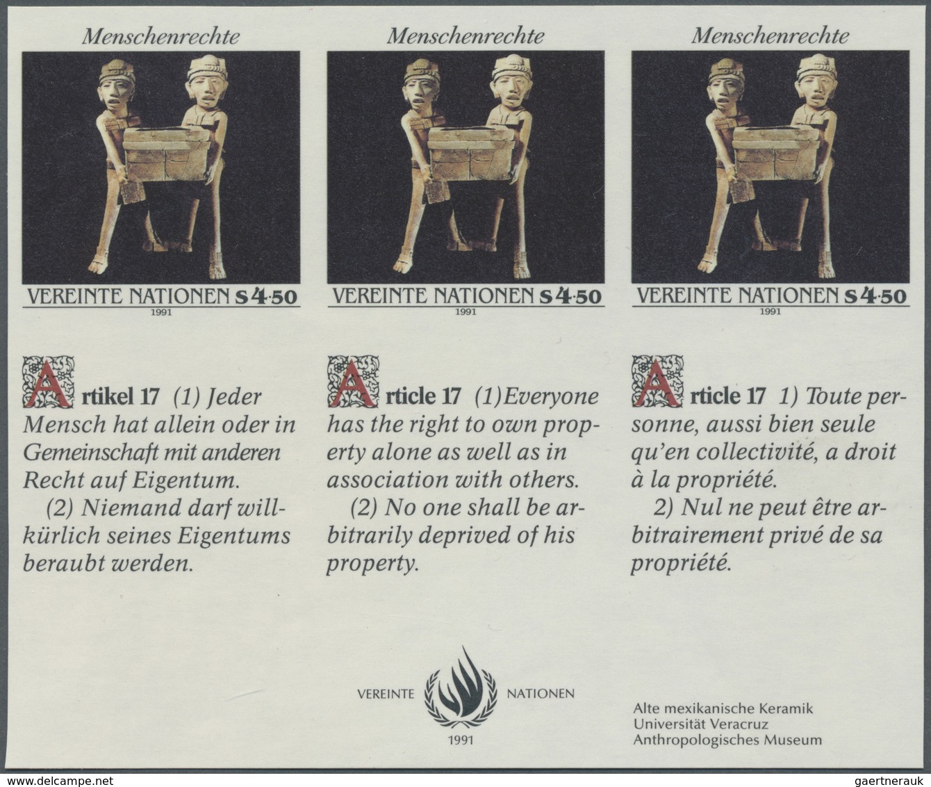 ** Vereinte Nationen - Wien: 1991. Imperforate Inscription Block Of 3 + 3 Labels For The 4.50s Value Of - Neufs