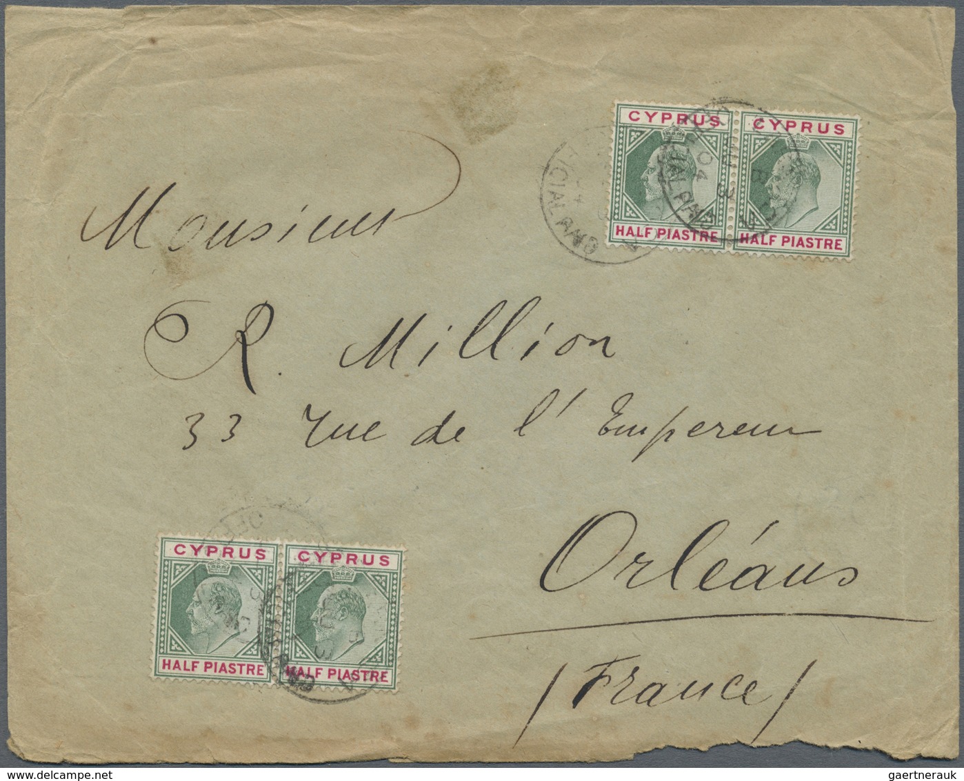 Br Zypern: 1902, Envelope Addressed To France Bearing SG 50, ½p Green And Carmine (4) Tied By Larnaca/O - Andere & Zonder Classificatie