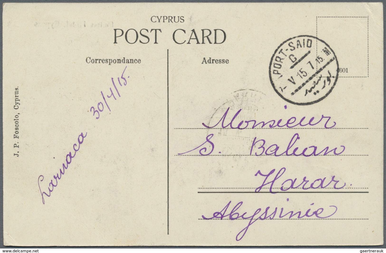 Br Zypern: 1915. Picture Post Card Of 'Platres Hotel, Cyprus' Addressed To Harrar, Ethiopia Bearing SG - Autres & Non Classés