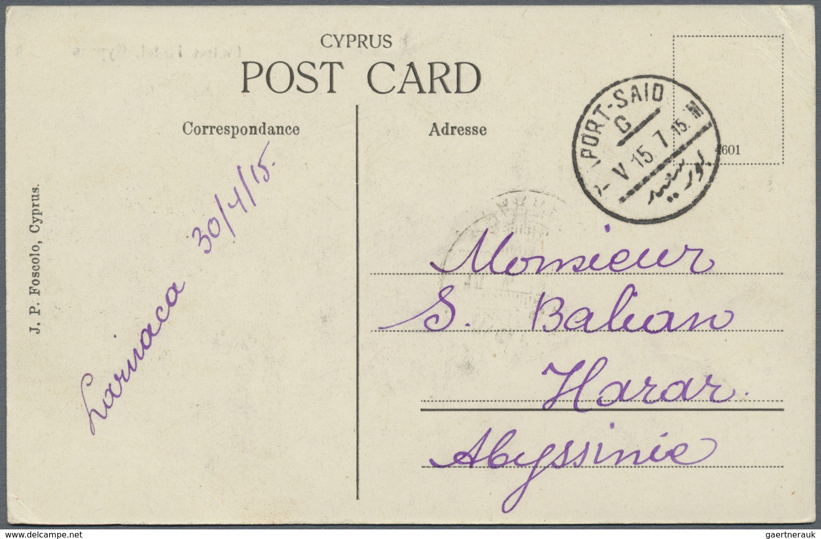 Br Zypern: 1915. Picture Post Card Of 'Platres Hotel, Cyprus' Addressed To Harrar, Ethiopia Bearing SG - Andere & Zonder Classificatie