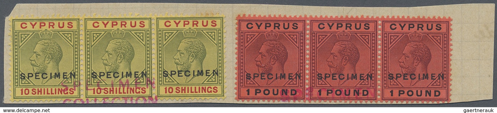 Zypern: 1923. KGV 10sh "Specimen" And £1 "Specimen" Each In Horizontal Strips Of 3 Mounted On One UP - Autres & Non Classés