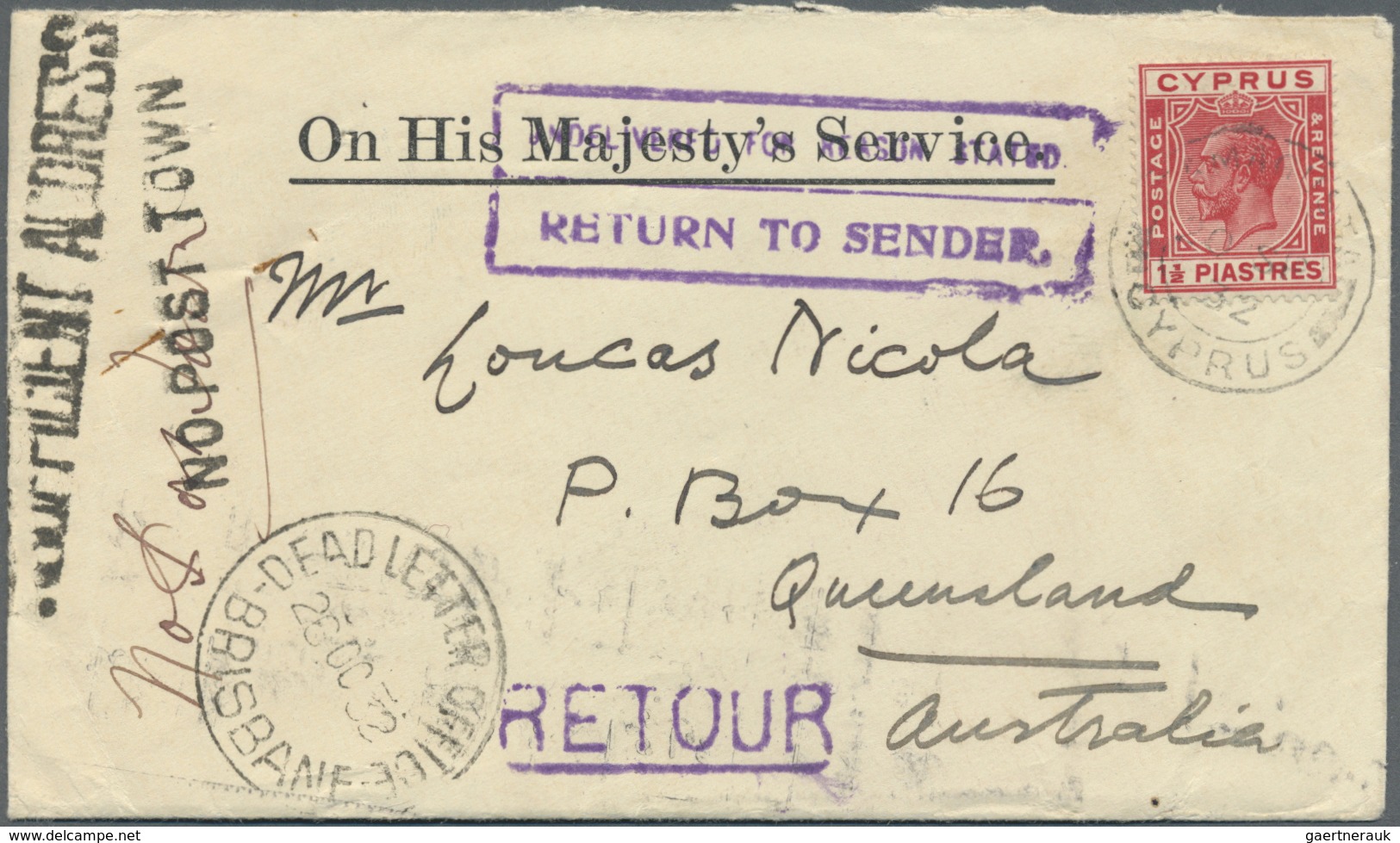 Br Zypern: 1932. Official Mail Envelope Headed 'On His Majesty's Service' Addressed To Australia Bearin - Andere & Zonder Classificatie