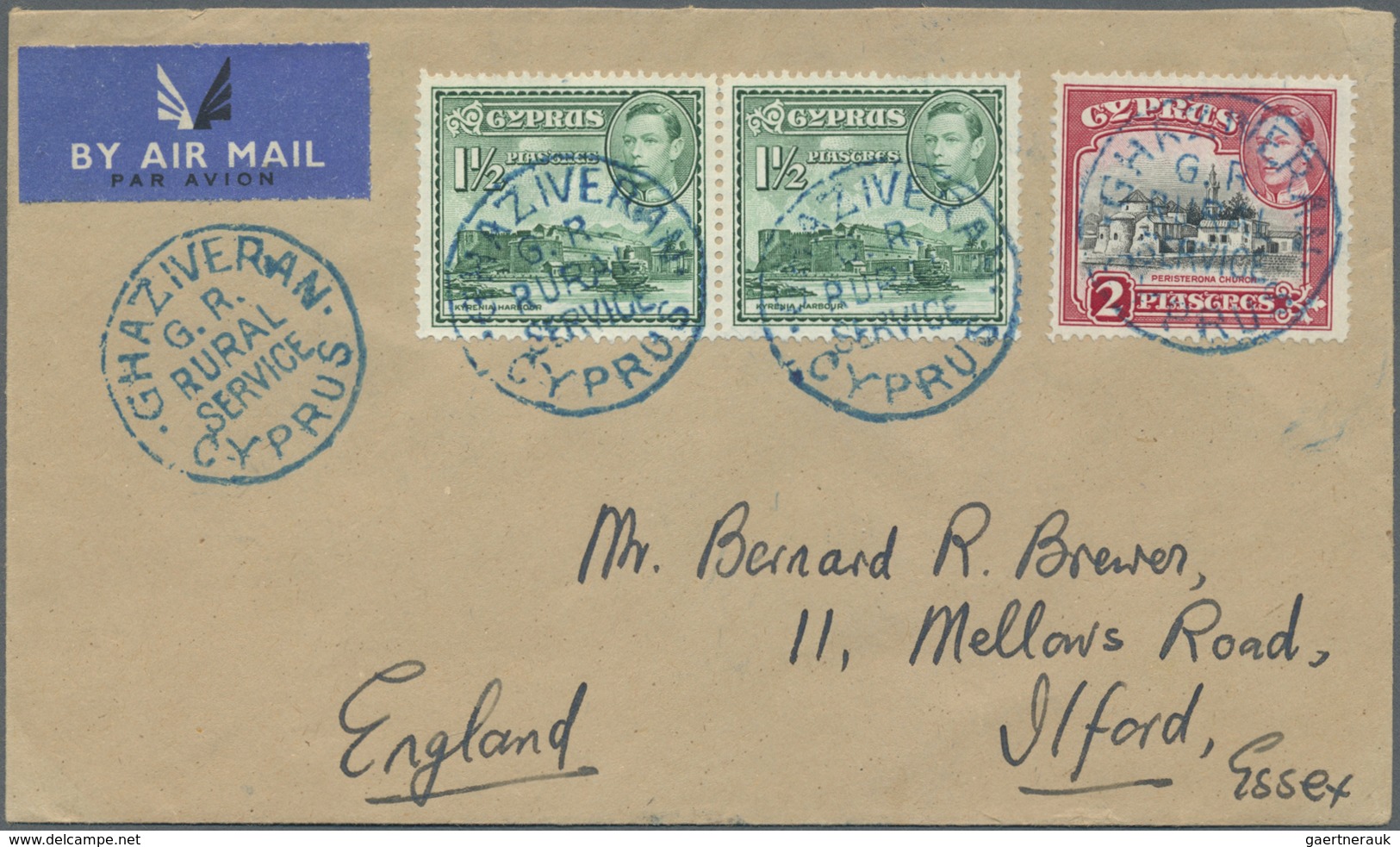 Br Zypern: 1950 (ca.). Air Mail Envelope Addressed To England Bearing SG 155ab, 1½p Green (pair) And SG - Autres & Non Classés
