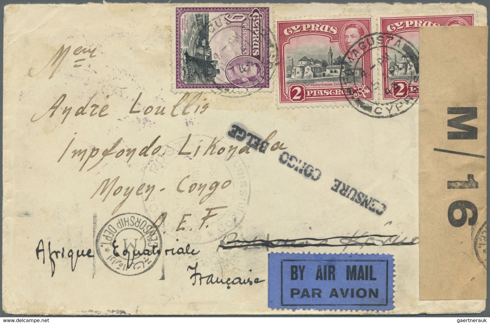 Br Zypern: 1943. Air Mail Envelope Addressed To The French Middle Congo Bearing SG 155b, 2p Carmine And - Andere & Zonder Classificatie