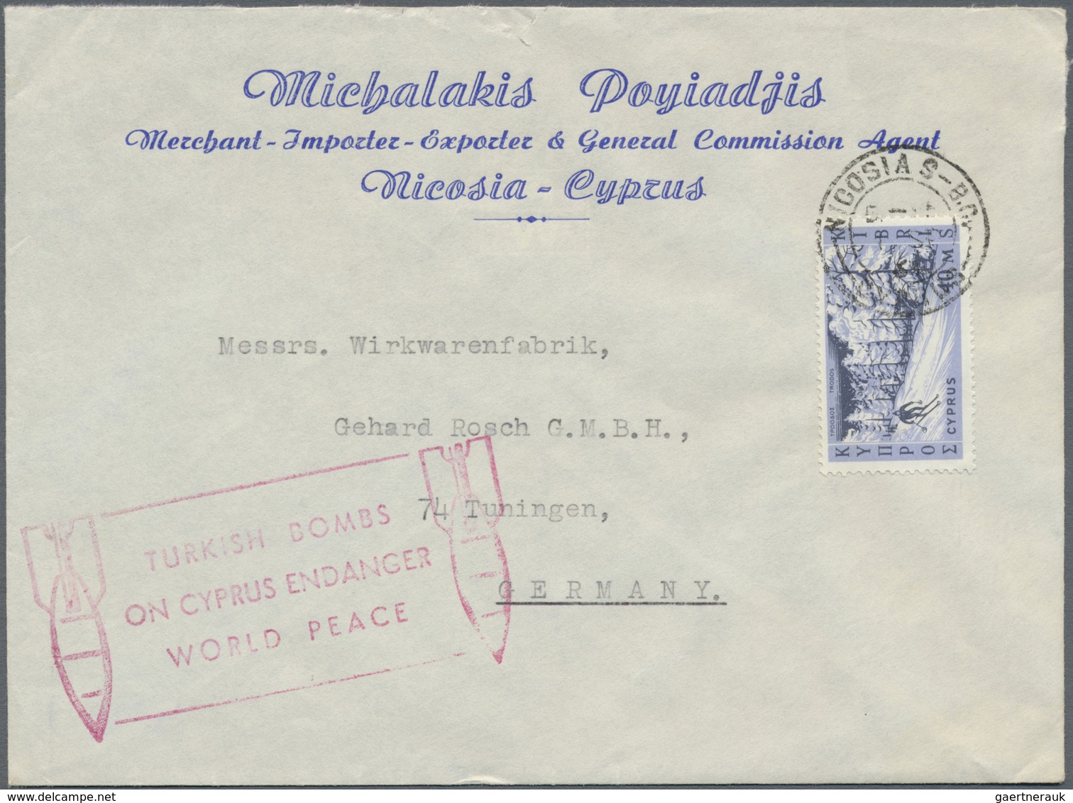 Br Zypern: 1967, Business Letter From NICOSIA To Germany With Propaganda Mark "TURKISH BOMBS ON CYPRUS - Autres & Non Classés