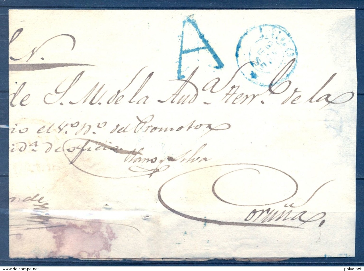 1855 , PLICA JUDICIAL CIRCULADA A LA CORUÑA , FECHADOR DE LUGO , MARCA DEL JUZGADO DE VILLALBA , LLEGADA , ABONO - ...-1850 Prephilately