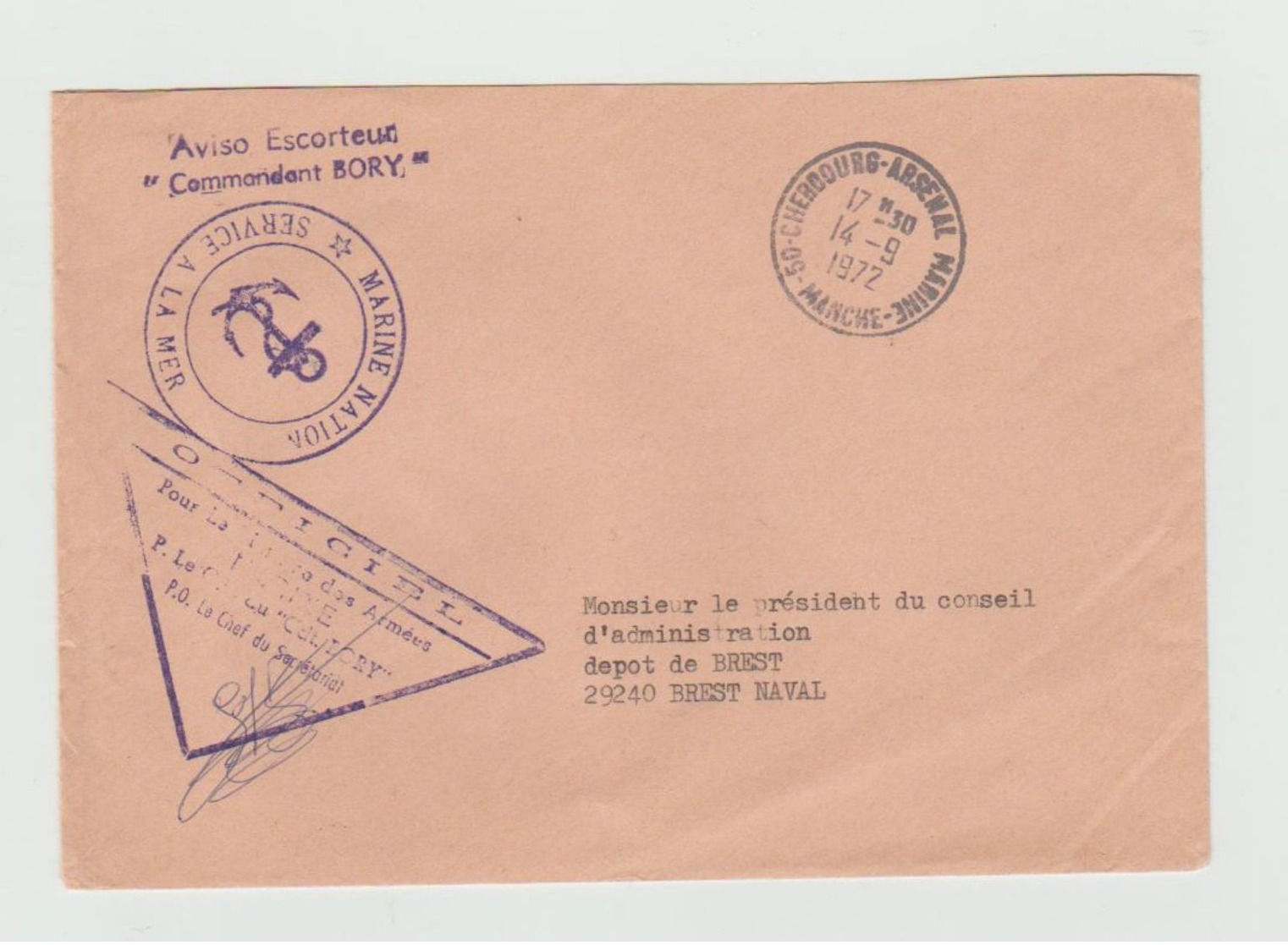 Cachet MARINE NATIONALE -   Aviso Escorteur " Commandant  BORY" + Cachet Cherbourg Arsenal Marine  1972 - Poste Navale