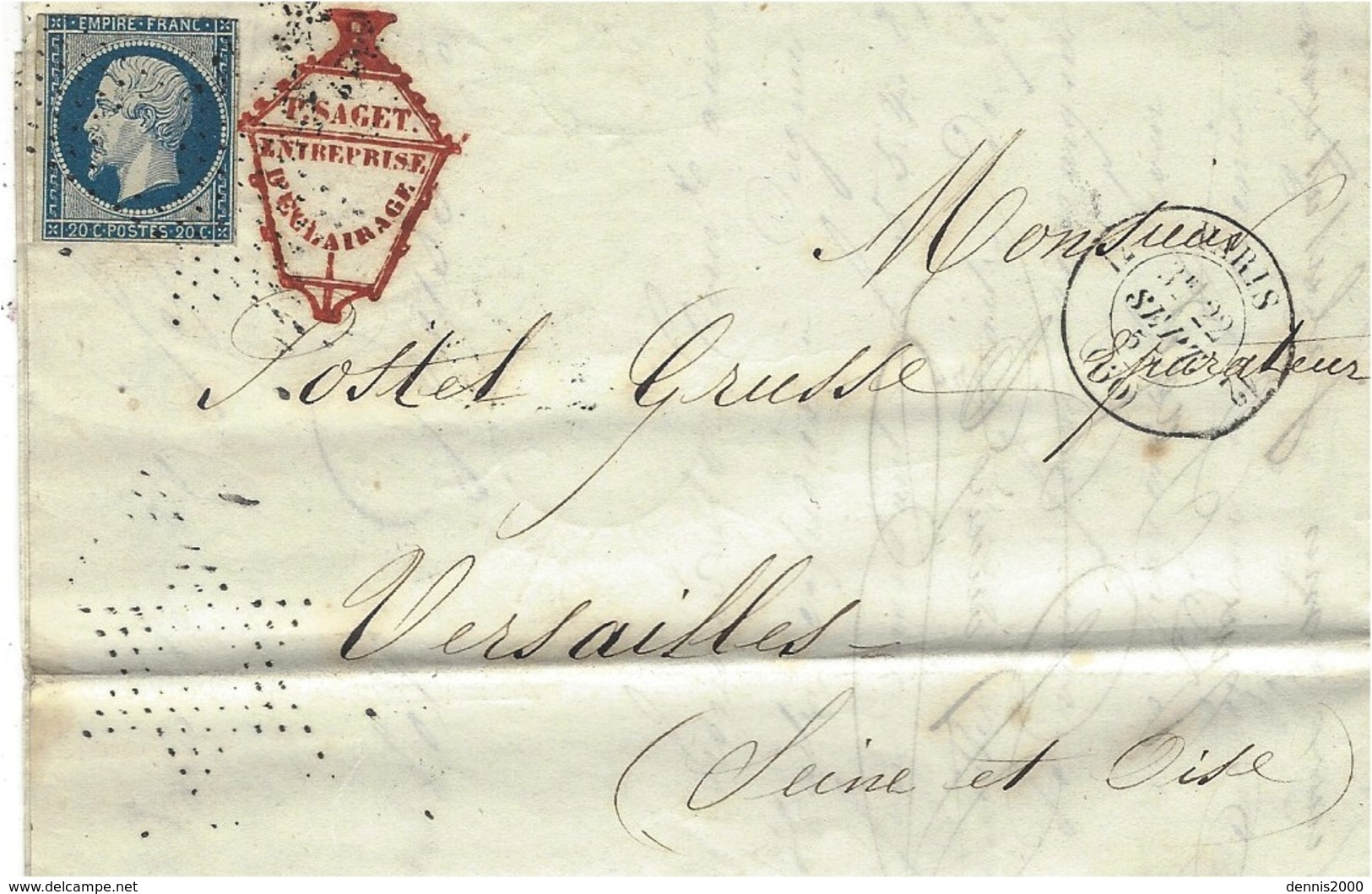 1855- Lettre De Paris  Cad De Route 12  Affr. N°14 Oblit. Roulette D'étoiles  Pour Versailles - 1849-1876: Période Classique