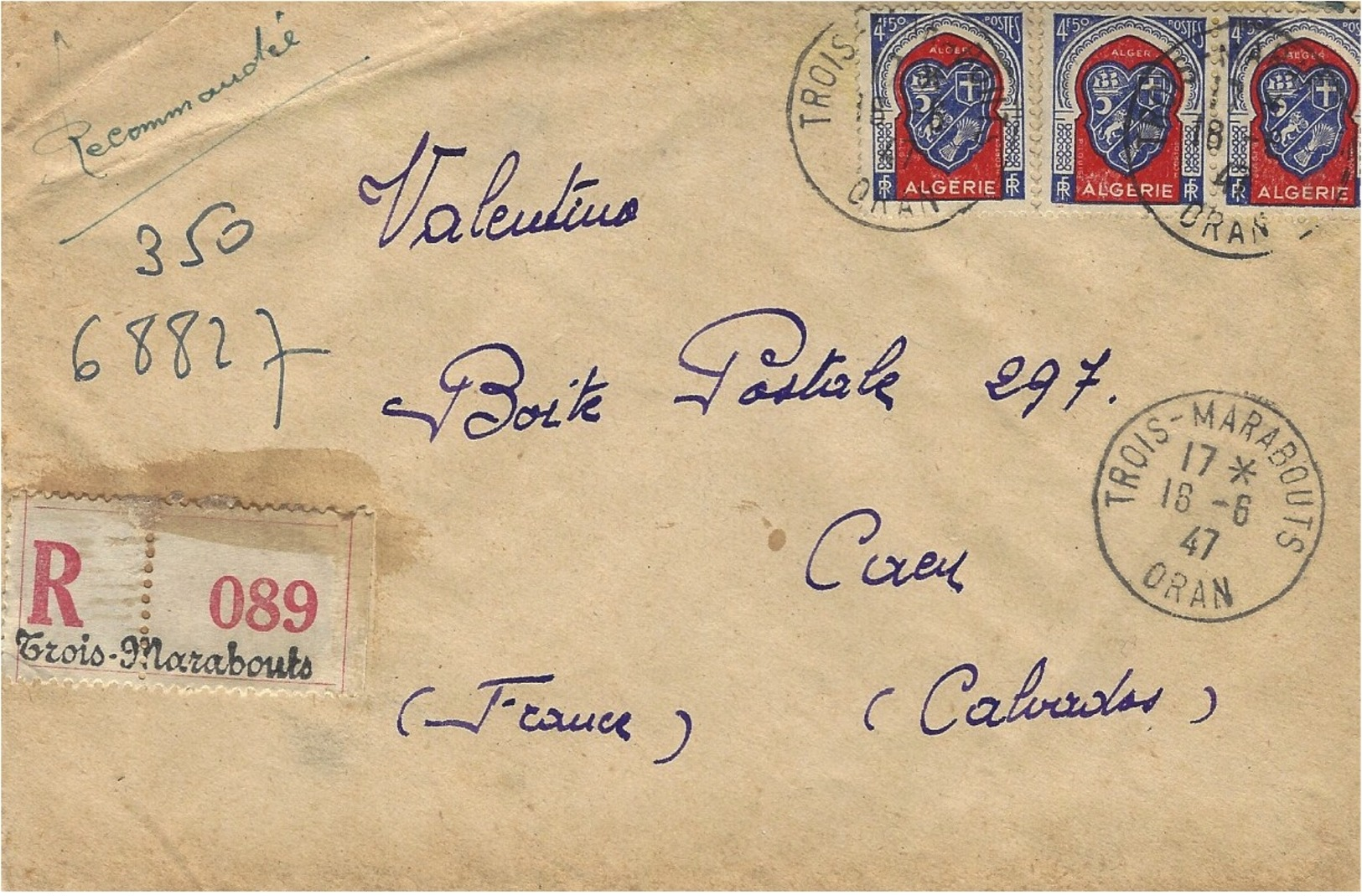 1947- Enveloppe REC. De TROIS-MARABOUTS / ORAN Affr. à 14,50 F  Pour La France - Covers & Documents
