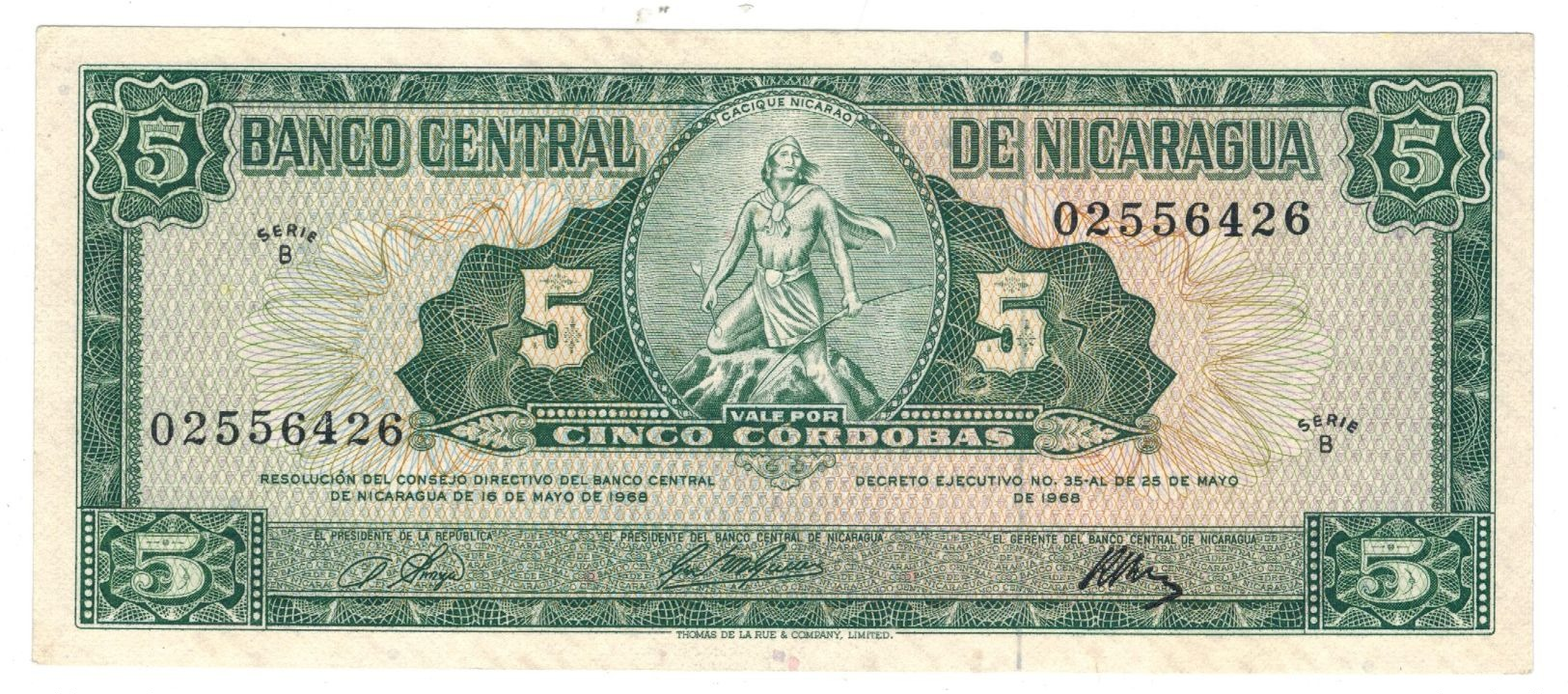 Nicaragua 5 Cordobas 1968, AUNC/UNC. - Nicaragua