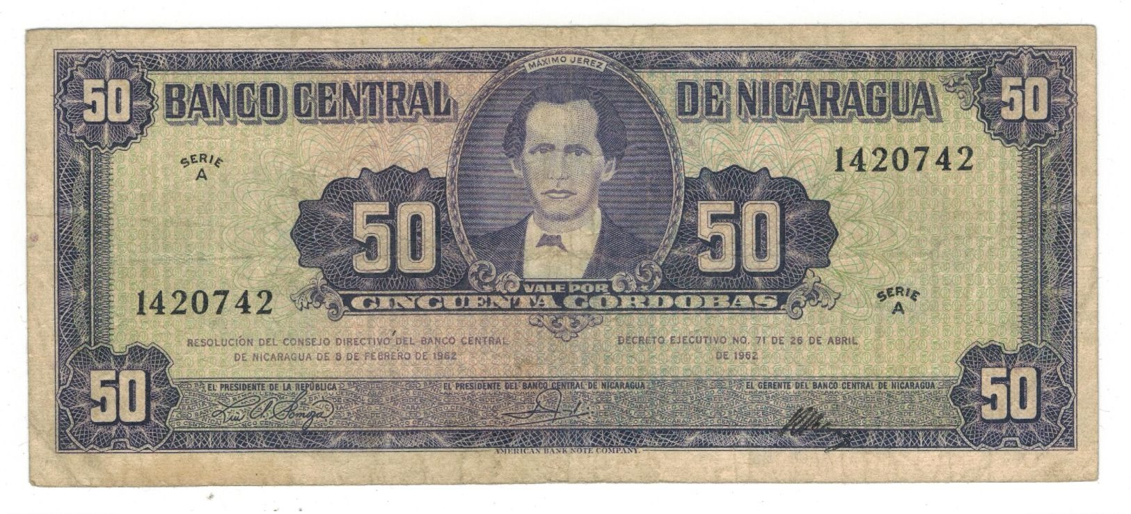 Nicaragua 50 Cordobas 1962, VF. Rare. - Nicaragua