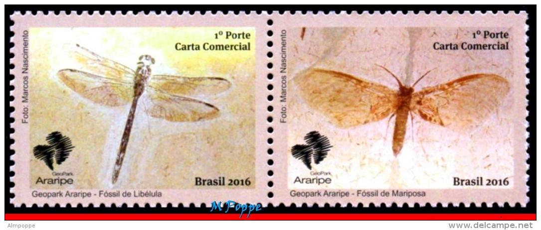 Ref. BR-V2016-26 BRAZIL 2016 INSECTS, ARARIPE GEOPARK, INSECTS, FOSSILS, DRAGONFLY &amp; BUTTERFLY, MNH 2V - Nuovi