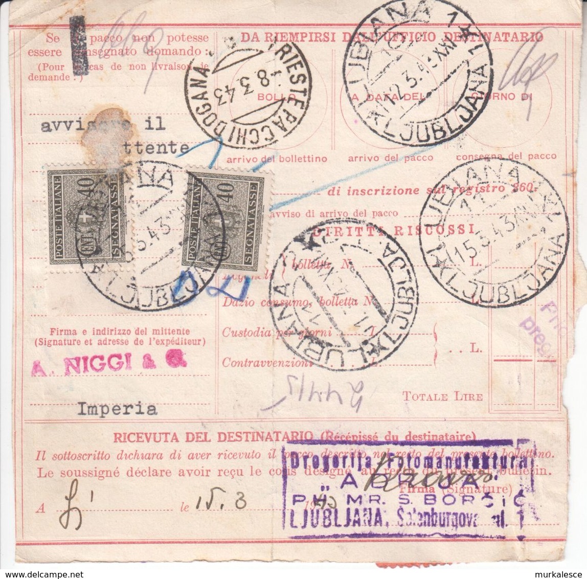 0964   LUBIANA   ITALIEN  BESETZUNG  PAKETKARTE  1943 - Duitse Bez.: Ljubljana