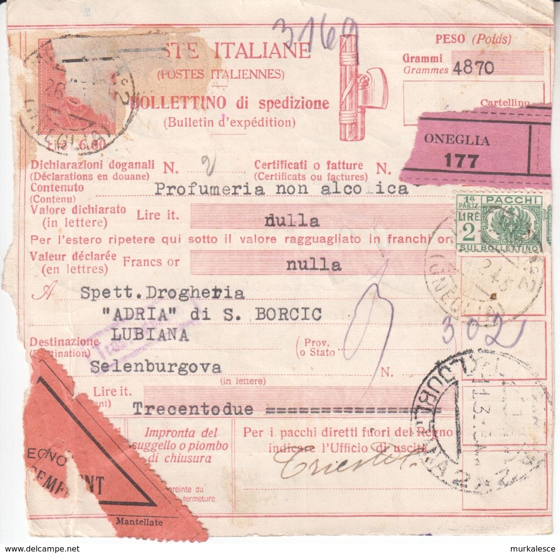 0964   LUBIANA   ITALIEN  BESETZUNG  PAKETKARTE  1943 - Duitse Bez.: Ljubljana