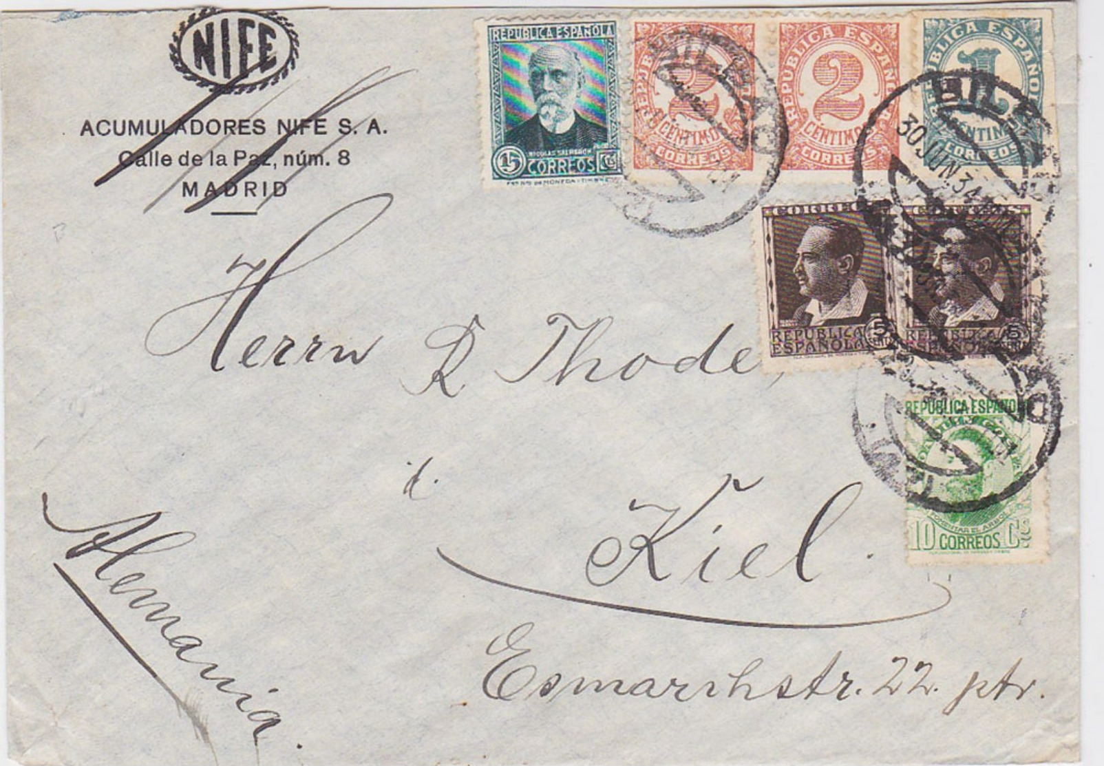SPAIN 1934 (30.6.) REUSED ENV.BILBAO FRANKING TO GERMANY - Autres & Non Classés