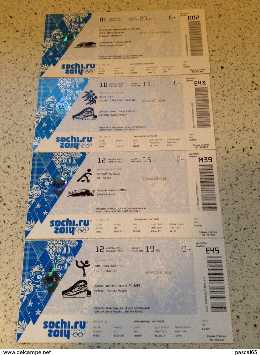 4 Tickets Jeux Olympiques Hiver Sochi 2014 Olympic Winter Games Sochi 2014 Russia (Broadcasting Tickets) - Habillement, Souvenirs & Autres