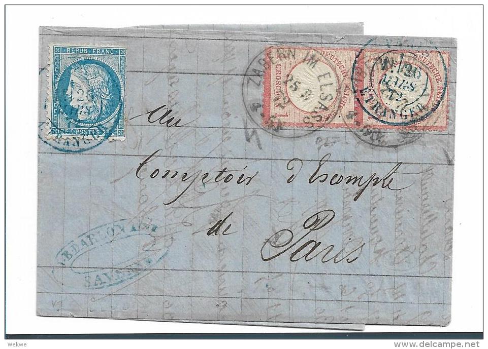 EL084 / ELSASS -  Kleines Brustschild, Senkrechtes Paar Auf Doppelfrankatur Ex Zabern 1872 - Storia Postale