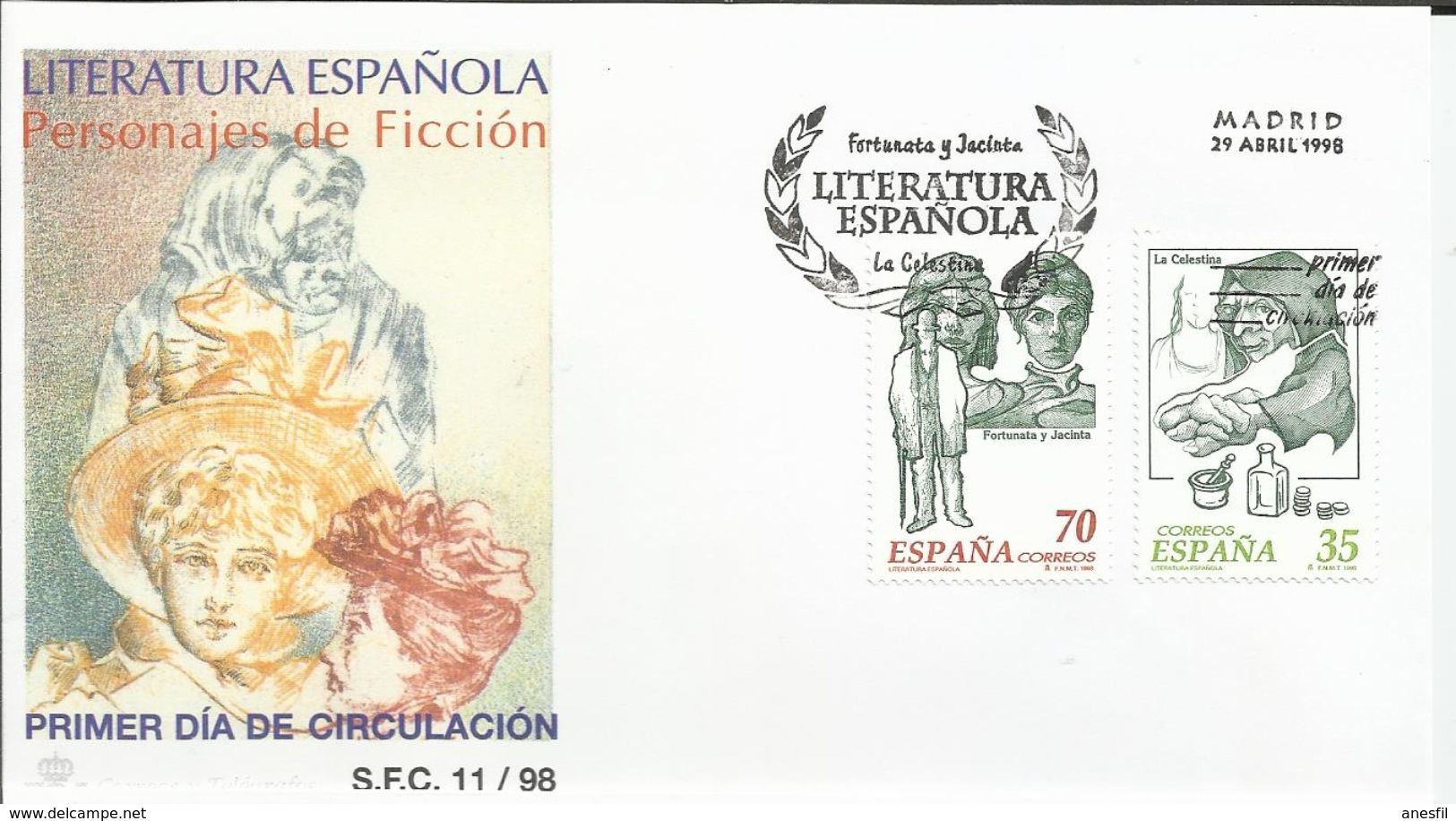 España. 1998. Literatura Española. Personajes De Ficción. "La Celestina Y Fortunata Y Jacinta" Y Barcos De época. - FDC