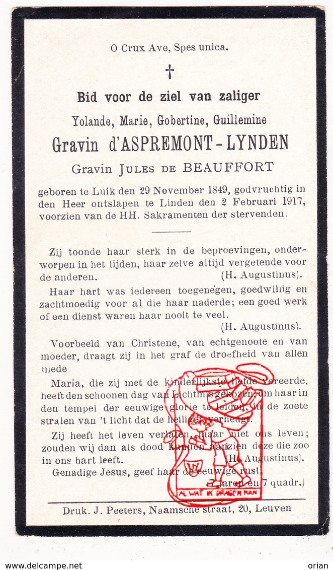 DP Adel Noblesse - Marie Yolande D'Aspremont Lynden / De Copis ° Liège 1849 † Linden Lubbeek 1917 X Jules De Beauffort - Devotieprenten