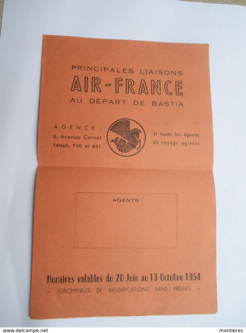 Rare Prospectus AIR FRANCE Principales Liaisons Au Départ De Bastia 1954 - Transports