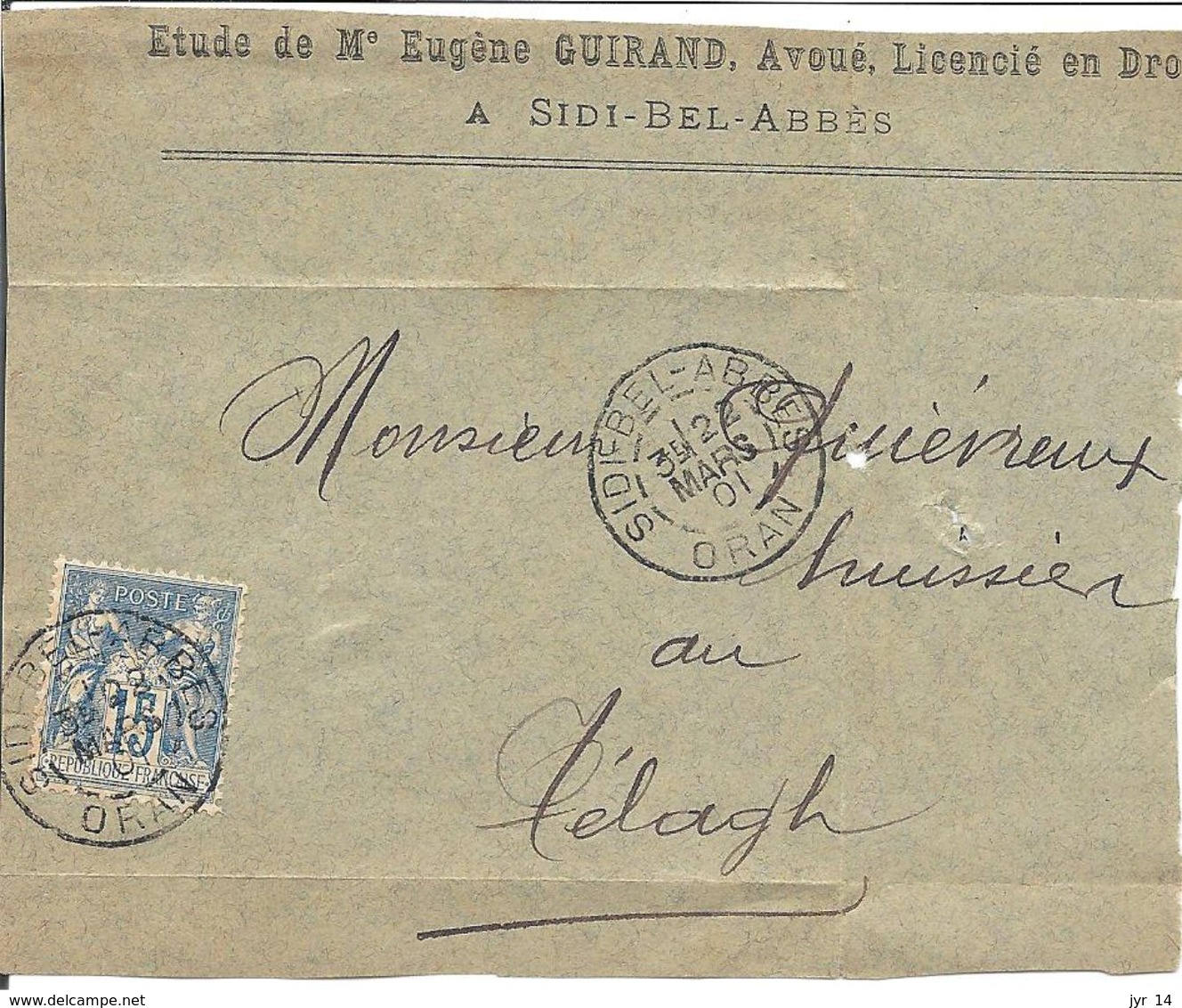 Y & T  N° 90  Frag Lettre  SIDI BEL ABES POUR TELAGH  22/01/1901 - 1877-1920: Période Semi Moderne