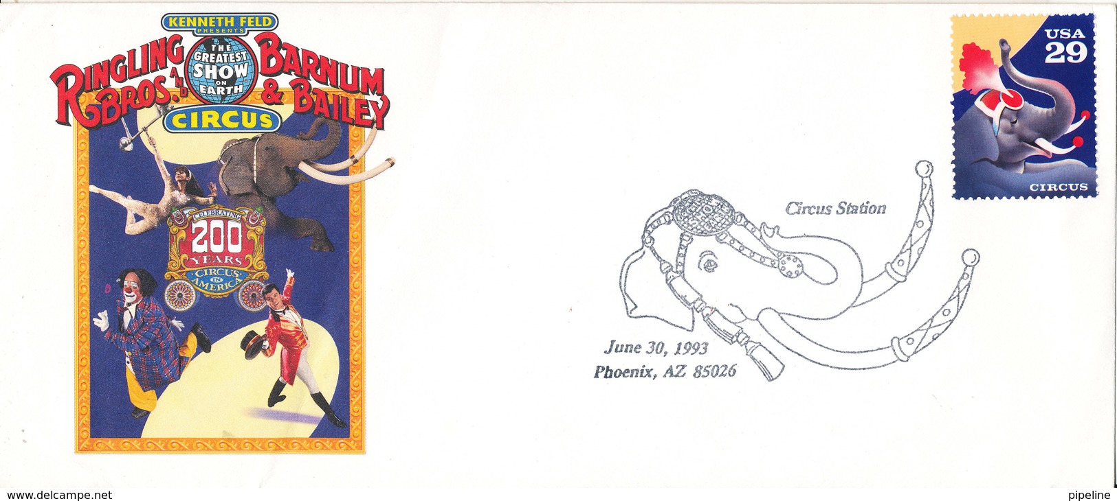 USA FDC 30-6-1993 Circus With Elephant Postmark And Nice Cachet - 1991-2000