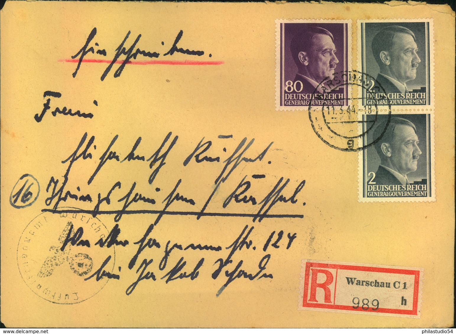 GENERALGOUVERNEMENT, 1944, Portogerechtes Einschreiben Ab WARSCHAU C 1 - Besetzungen 1938-45